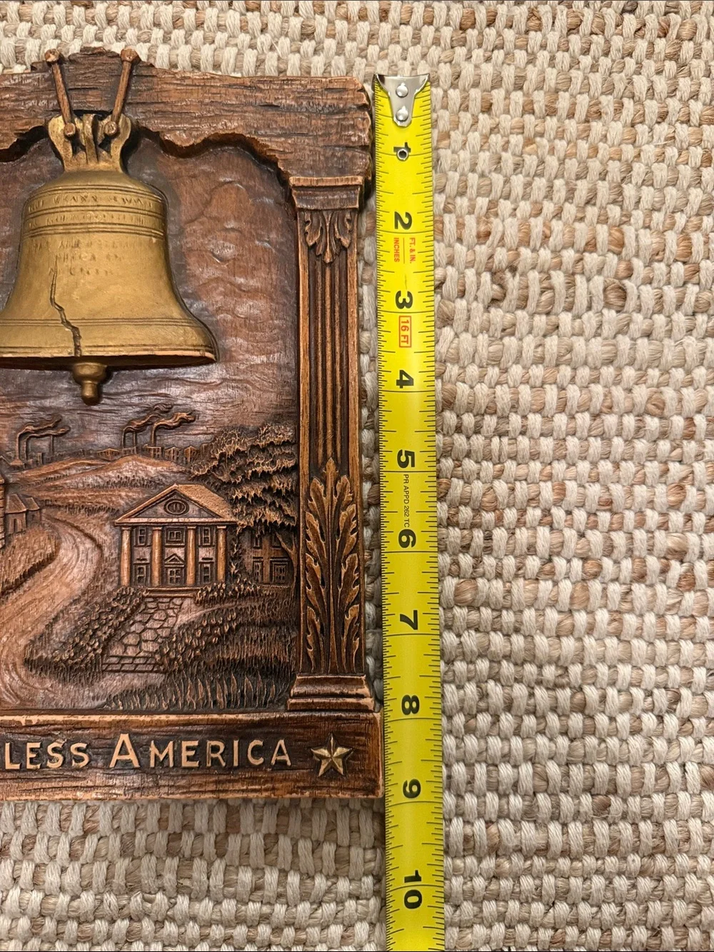 Strict wood ‘God Bless America' Wall Plaque with Gold Bell VINTAGE RARE Made USA
